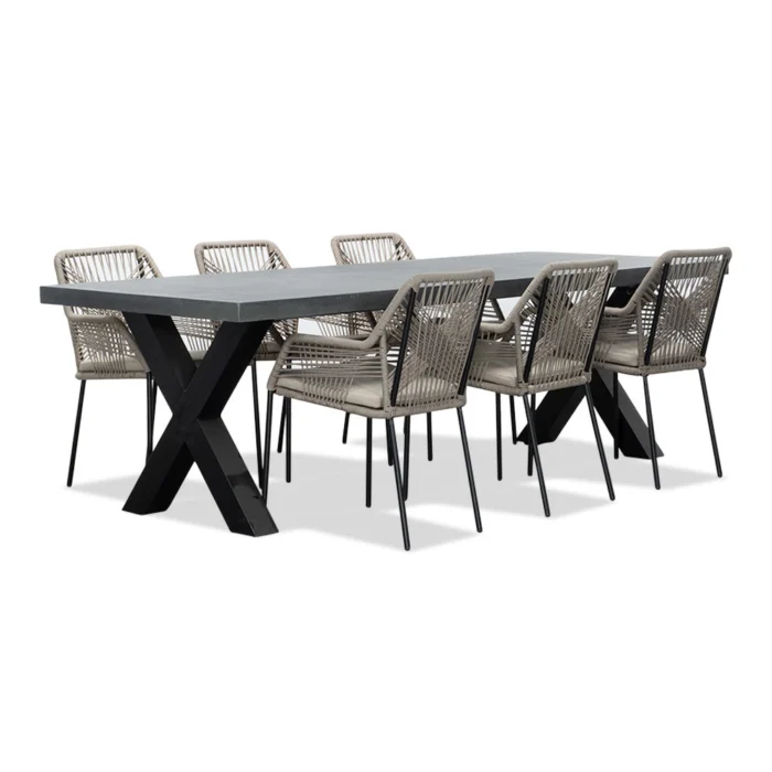 BUITEN living Lyon/Seville zand dining tuinset | 6 personen | betonlook + touw | 250cm