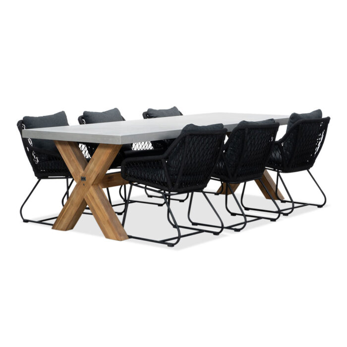 BUITEN living Norwich/Portofino zwart dining tuinset | 6 personen | betonlook + touw | 250cm – Betonlook, Zwart