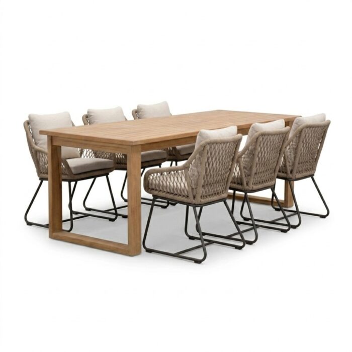 BUITEN living Corfu/Portofino Sahara Dust dining tuinset | 6 personen | teakhout + touw | 200cm – Natural Teak