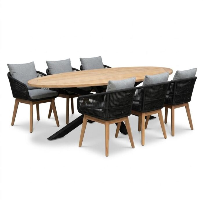LUX outdoor living Cleve antraciet/Bella zwart dining tuinset | 6 personen | teakhout + touw | 240cm ovaal