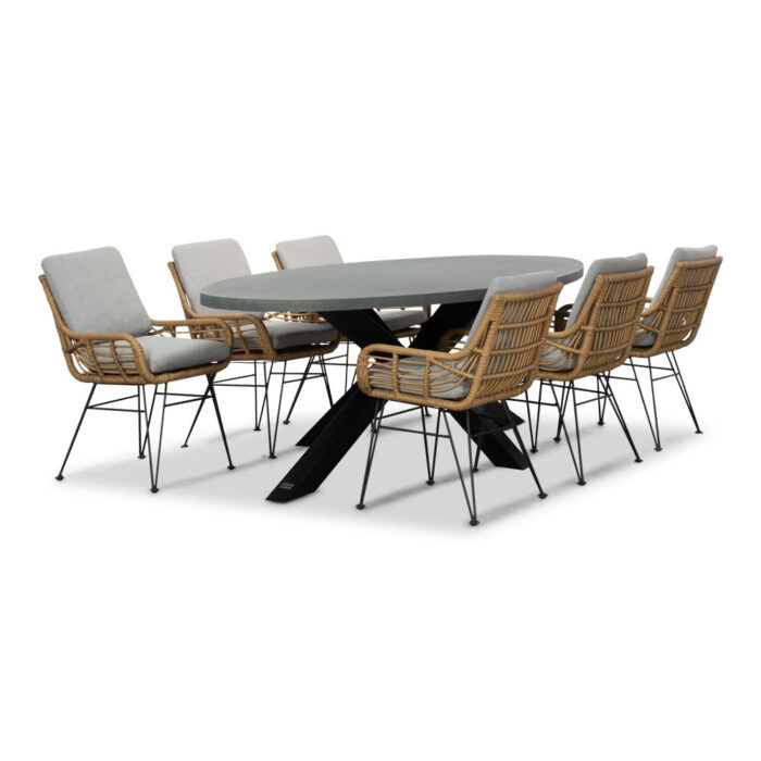 BUITEN living Stockholm/Carlos taupe dining tuinset | 6 personen | betonlook + wicker | 240cm ovaal – Zwart