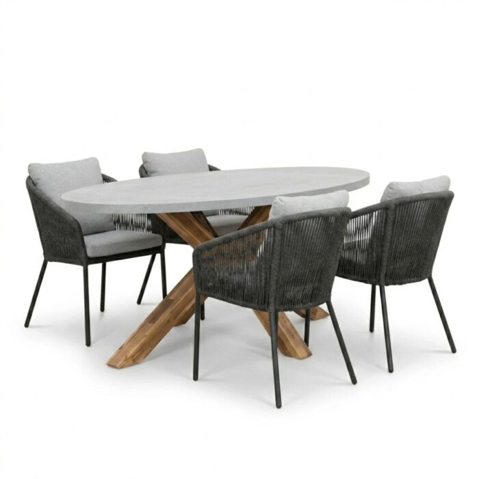 BUITEN living Livorno/Lexis Stone Grey dining tuinset | 4 personen | polystone + touw | 200cm – Betonlook