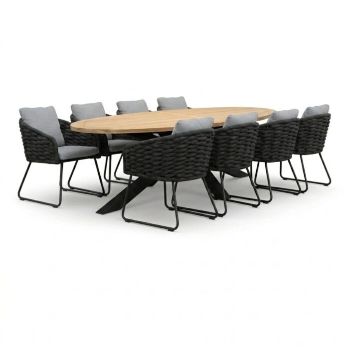 LUX outdoor living Cleve antraciet/Flora Stone Grey dining tuinset | 8 personen | teakhout + touw | 280cm ovaal