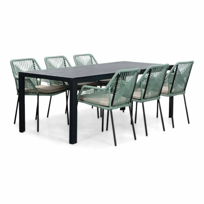 LUX outdoor living Manchester/Seville mint dining tuinset | 6 personen | aluminium + touw | 205cm - Zwart, Mint